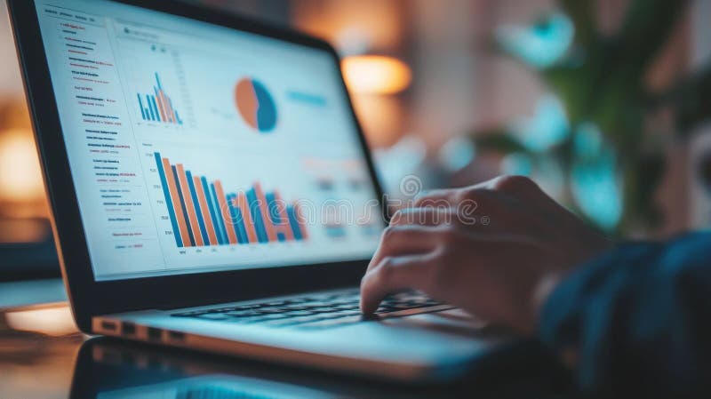 Personne analysant les données financières sur un écran d'ordinateur portable. Une copie d'une personne travaillant sur un ordinateur portable avec des graphiques et des graphiques financiers affichés à l'écran symbolisant l'analyse d'entreprise, la finance et les décisions prises. Parfait pour les thèmes de la finance et de la technologie. IA générée