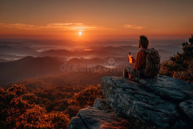 Personne assise sur un affleurement rocheux au coucher du soleil avec sac à dos et petit objet Vue large du paysage montagneux den photographie stock libre de droits