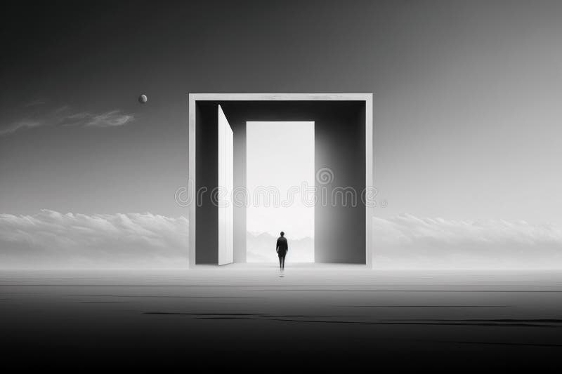 Personne devant une porte ouverte abstraite dans un monde minimaliste. noir et blanc illustration libre de droits
