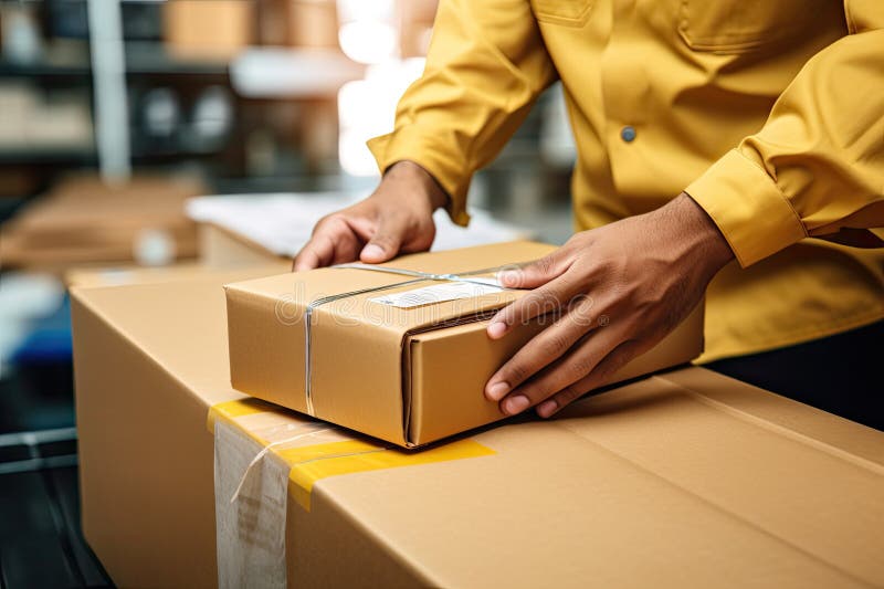 Personne en chemise jaune qui emballe une boîte en carton dans un entrepôt photo stock