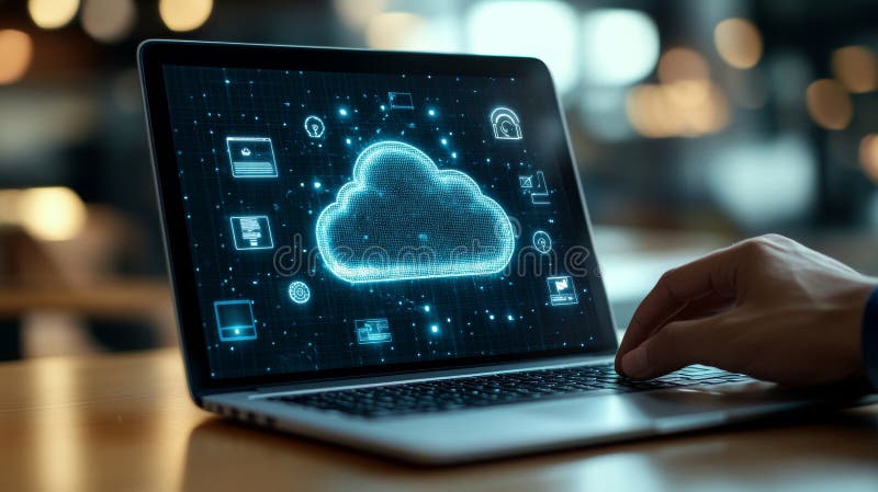 Personne engagée avec un ordinateur portable montrant un cloud numérique et une interface de protection des données symbolisant l' photos libres de droits