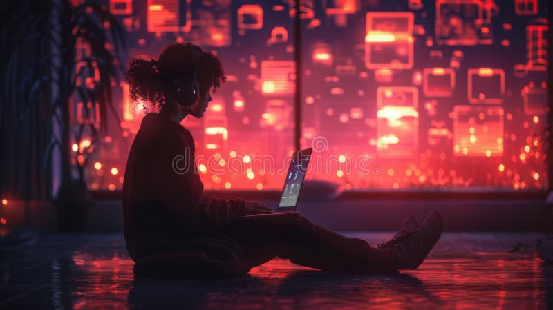 Personne engagée dans des activités informatiques d'IA dans une salle futuriste avec des affichages numériques vifs pendant une nu photo stock