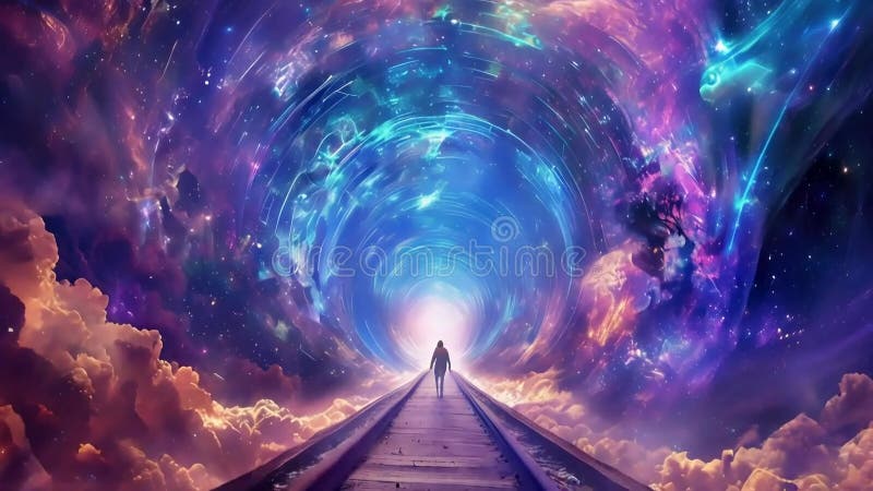 Personne marchant sur le chemin de fer vers un tunnel cosmique de lumière illustration stock