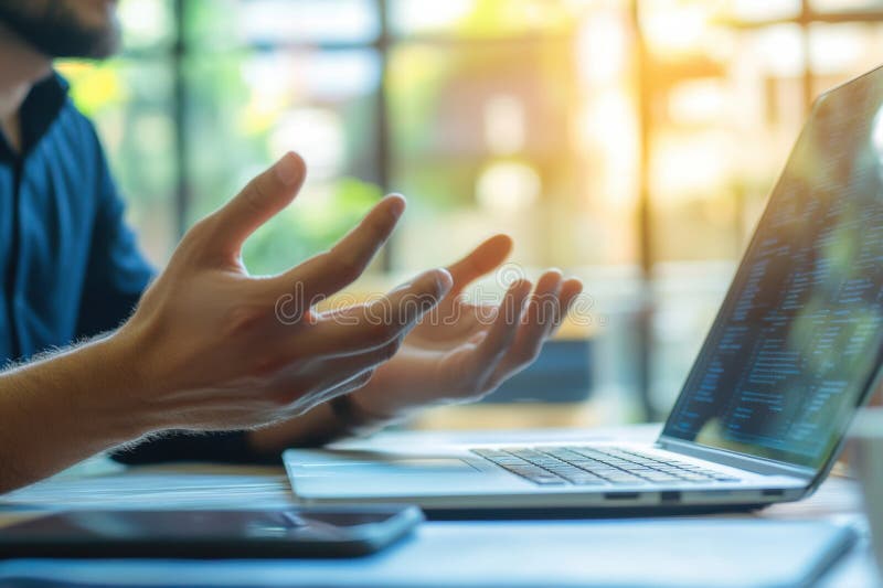 Personne a participé à une discussion en utilisant un ordinateur portable dans un espace de travail moderne et lumineux en fin d'a photographie stock