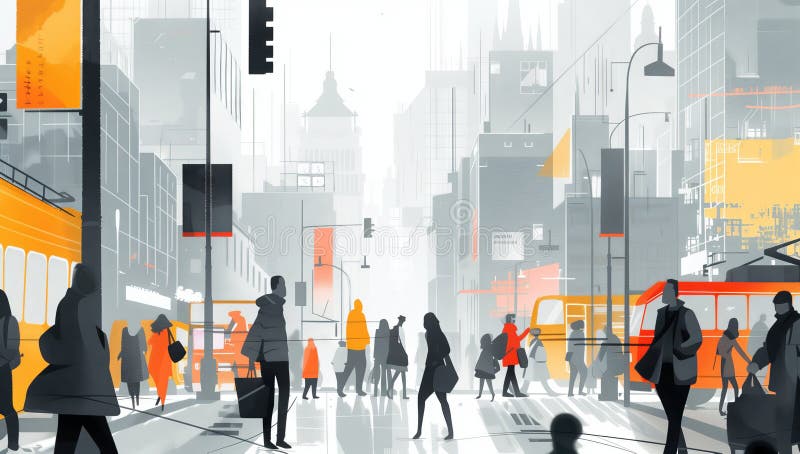 Personnes aux heures de pointe capturées dans un paysage urbain reflétant l'esthétique formaliste une vie morte abstraite avec lum illustration libre de droits