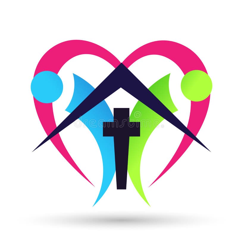 Personnes de globe de soin d'église avec le symbole croisé d'amour de coeur d'immobiliers d'icône à la maison de logo sur le fond