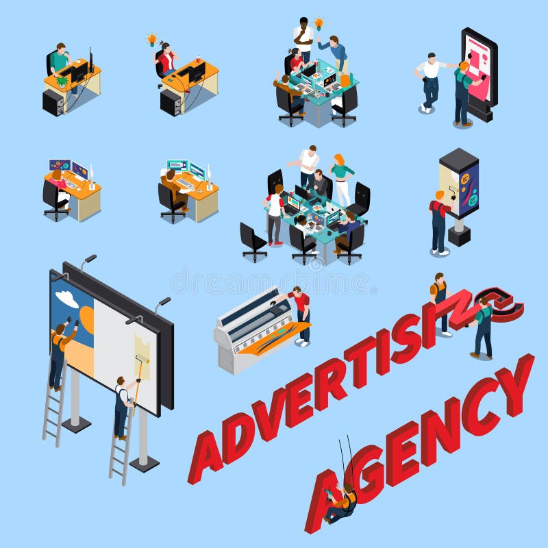 Personnes isométriques d'agence de publicité illustration libre de droits Personnes isométriques d'agence de publicité illustration libre de droits