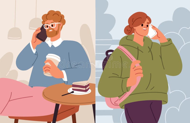Personnes parlant sur téléphone portable. dialogue de conversation de couple communication par téléphone cellulaire. jeune homme h illustration stock