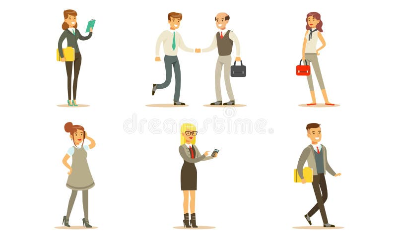 Personnes travaillant dans des bureaux, hommes et femmes, gestionnaires ou employés Personnages se réunissant, parlant au télépho illustration de vecteur Personnes travaillant dans des bureaux, hommes et femmes, gestionnaires ou employés Personnages se réunissant, parlant au télépho illustration de vecteur