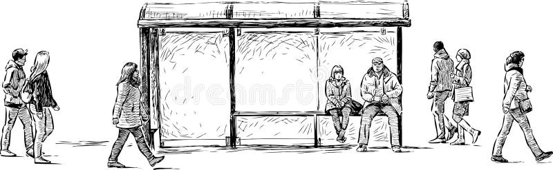 Автобусная остановка рисунок карандашом