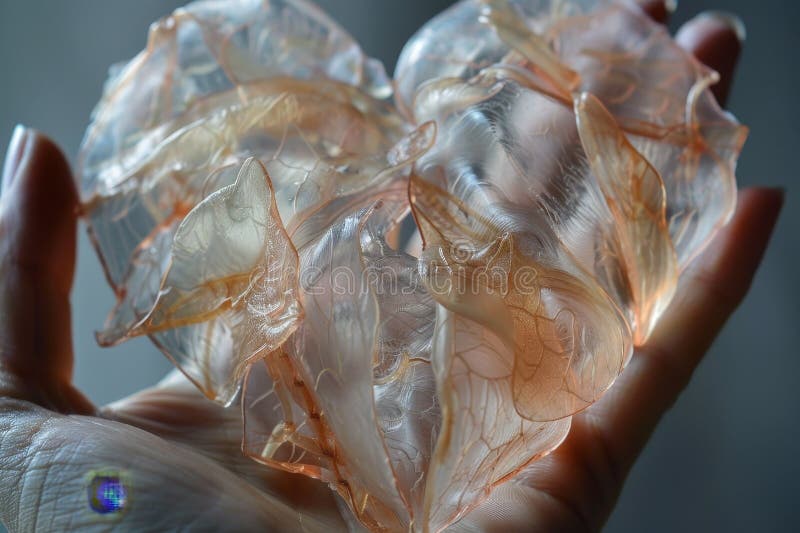 A persons hand holding a cluster of clear ice crystals, Layers of translucent tissues forming the shape of a heart vector illustration