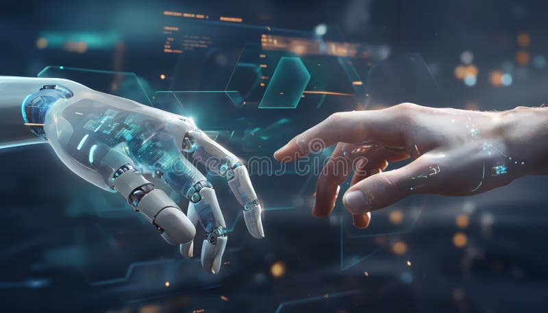 A persons hand touches an advanced robotic arm with translucent blue mechanical parts against a background of digital elements. stock illustration