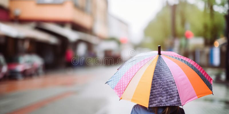Person Under An Colorful Umbrella In The Rain On A City Street AI generated. Person Under An Colorful Umbrella In The Rain On A City Street AI generated