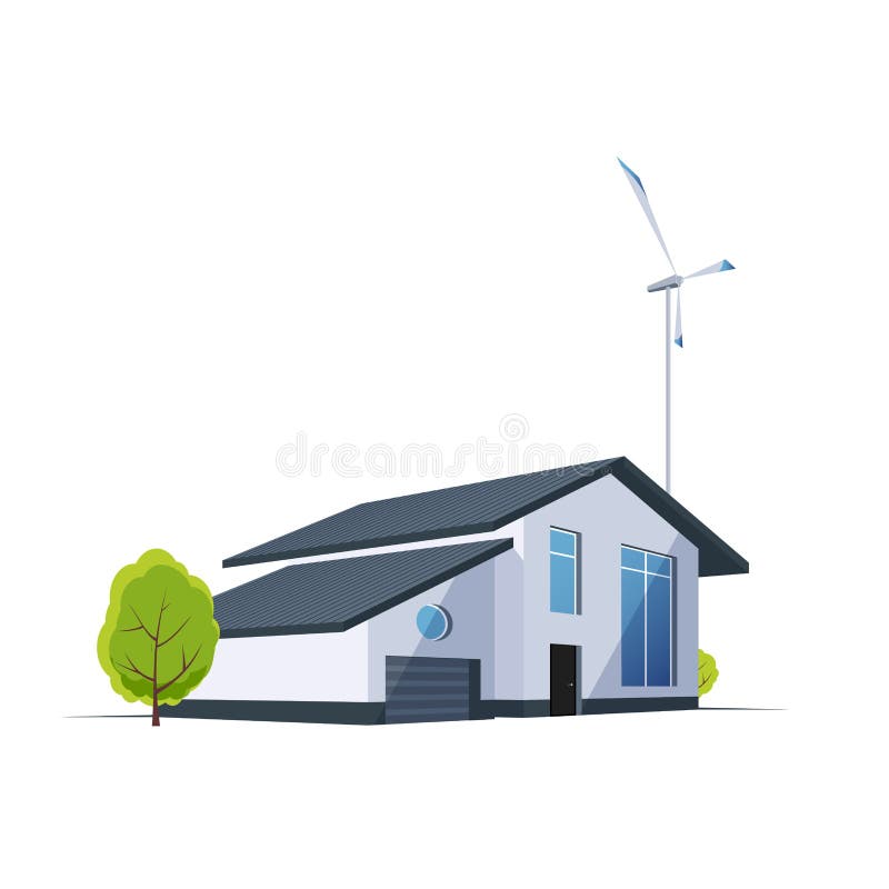 Perspectiva da casa com a turbina eólica no fundo Construção moderna da energia verde ilustração royalty free Perspectiva da casa com a turbina eólica no fundo Construção moderna da energia verde ilustração royalty free