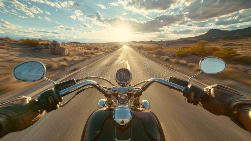 First person perspective on a vintage motorcycle riding a country road in a natural landscape. AI generated. First person perspective on a vintage motorcycle riding a country road in a natural landscape. AI generated.