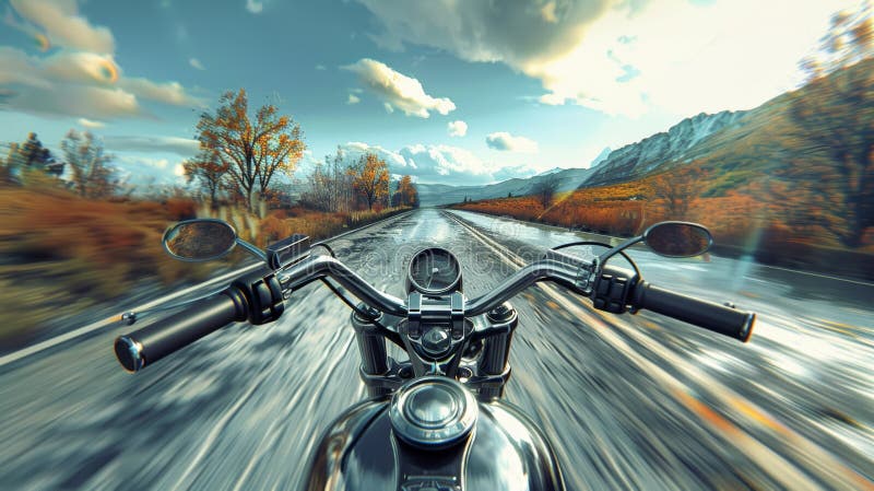 First person perspective on a vintage motorcycle riding a country road in a natural landscape. AI generated. First person perspective on a vintage motorcycle riding a country road in a natural landscape. AI generated.