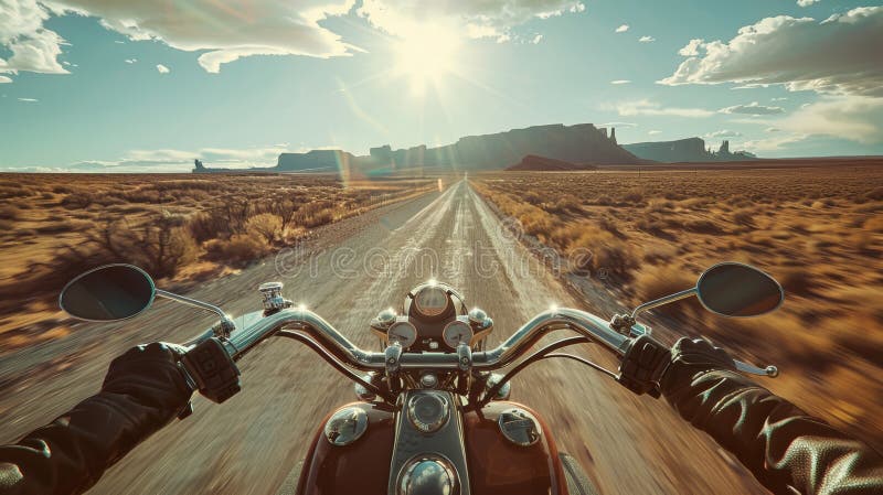 First person perspective on a vintage motorcycle riding a country road in a natural landscape. AI generated. First person perspective on a vintage motorcycle riding a country road in a natural landscape. AI generated.