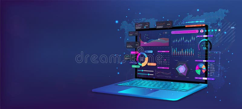 Perspective laptop position with business analysis app dashboard. Analysis of readings and data, online statistics vector illustration