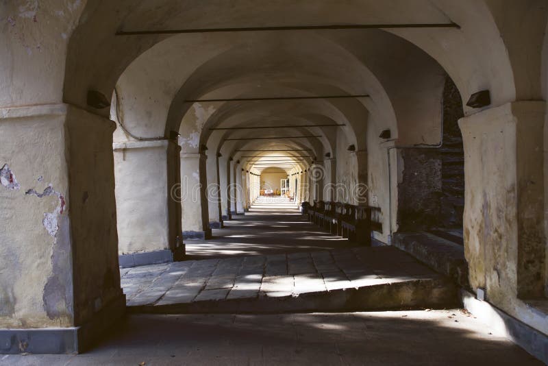 Perspective of stone vaults in old Italian sanctuary royalty free stock photo Perspective of stone vaults in old Italian sanctuary royalty free stock photo