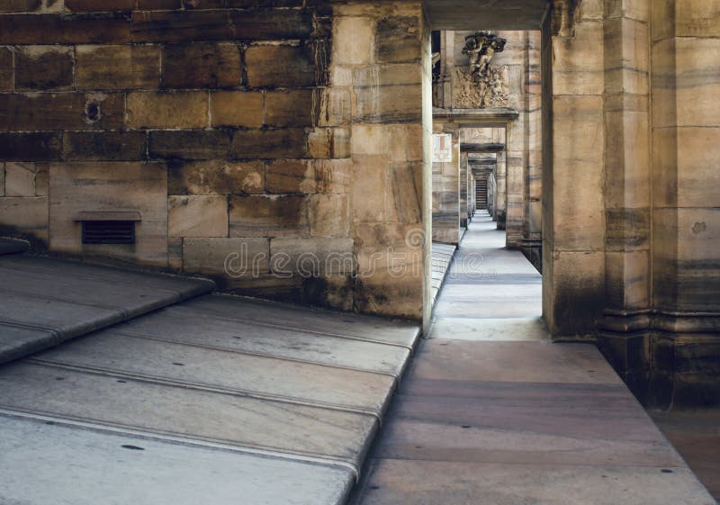 Perspective through the vaults and arches on the roof of the cathedral Duomo di Milano. royalty free stock photography Perspective through the vaults and arches on the roof of the cathedral Duomo di Milano. royalty free stock photography
