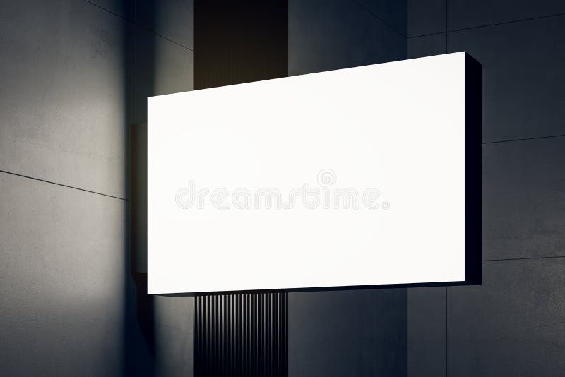 Perspective view on blank white illuminated rectangular billboard on modern building dark wall with copyspace for your logo or royalty free illustration