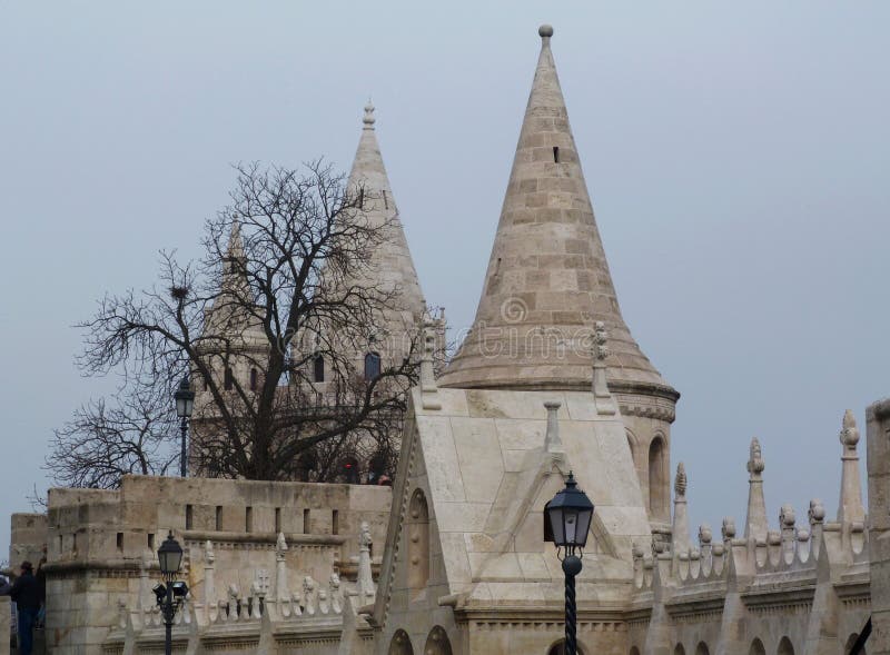 Perspective view of stone turrets on the castle hill in Budapest royalty free stock photo Perspective view of stone turrets on the castle hill in Budapest royalty free stock photo