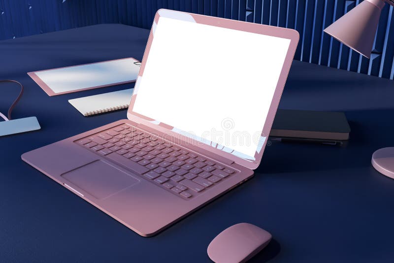 Perspective view on white screen with space for your logo or text of modern pink laptop screen on dark work table with notebooks vector illustration