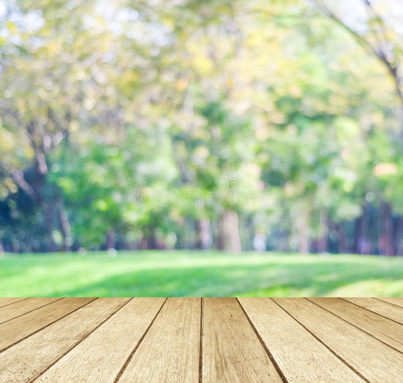 Perspective wood over blur trees with bokeh background royalty free stock photography