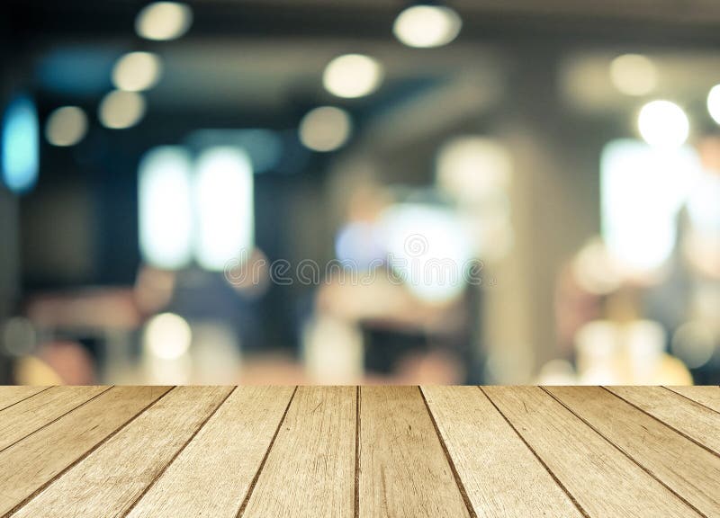 Perspective Wood Over Blurred Restaurant With Bokeh 