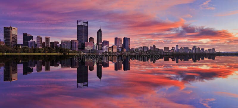 Perth CBD Pink river sunrise panorama stock image Perth CBD Pink river sunrise panorama stock image