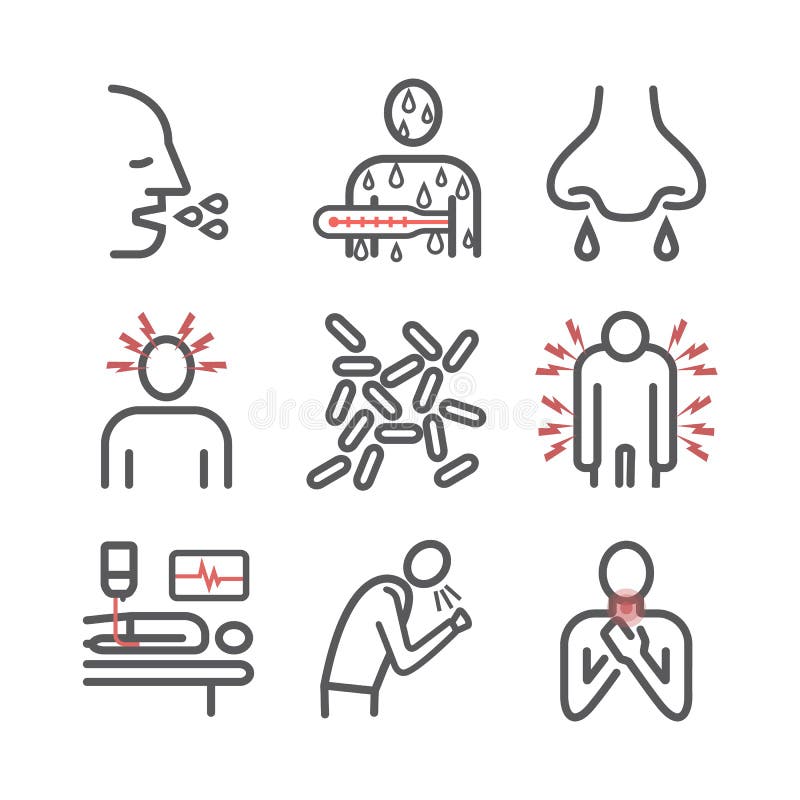 Pertussis. Whooping Cough, Symptoms, Treatment. Line Icons Set. Vector