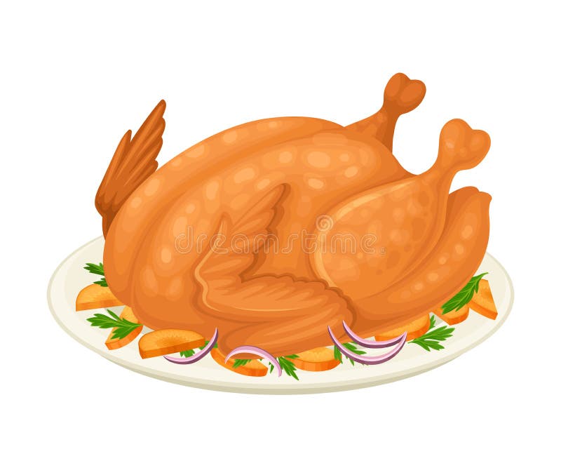 Roasted Turkey Served on Plate with Sliced Vegetables and Herbs as Thanksgiving Day Dish Vector Illustration. Traditional Holiday Food Concept. Roasted Turkey Served on Plate with Sliced Vegetables and Herbs as Thanksgiving Day Dish Vector Illustration. Traditional Holiday Food Concept
