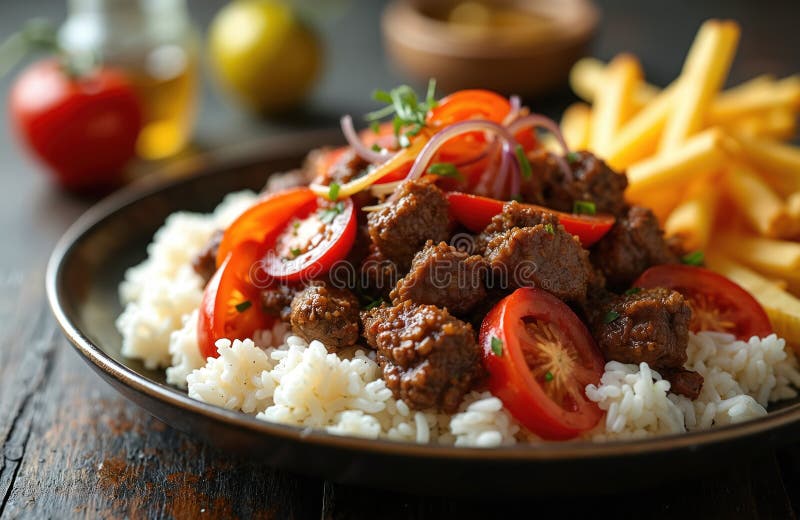 Peruanska Lomo Saltado-disken med nöttomatlök, ris och frites. Mjöl av grädddjur med kött och grönsaker. Healthy vektor illustrationer