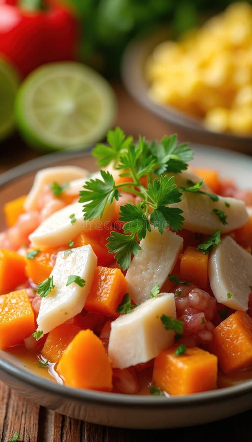 Peruvian ceviche med lime batpotatis. Färsk marinerad fisk från skaldjur. Traditionell kokain. Citrus vibrant flavorous vektor illustrationer