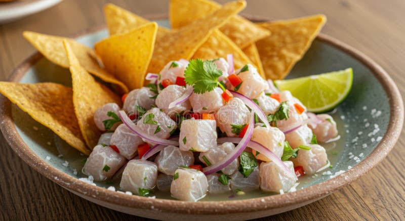 Peruvian Ceviche med Tortilla Chips vektor illustrationer