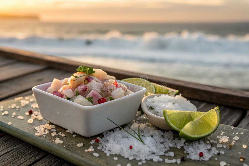 Peruvian ceviche serverade en minimalistisk keramisk skål med havsbotten vid solnedgången vektor illustrationer