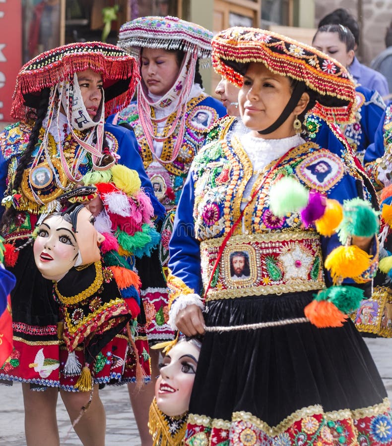 Peruvian ladies dressed in elaborate costumes walking to religious fesitval stock photos Peruvian ladies dressed in elaborate costumes walking to religious fesitval stock photos