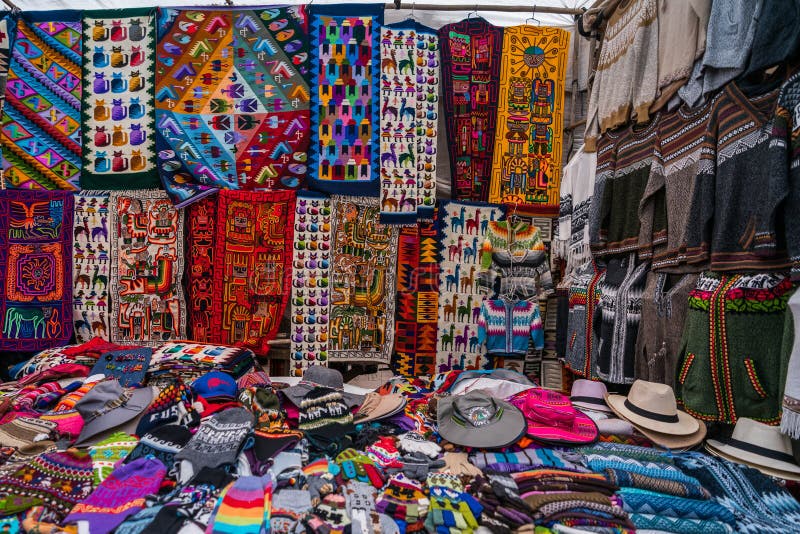 Peruvian shop with handmade hats and scarfs stock photo Peruvian shop with handmade hats and scarfs stock photo