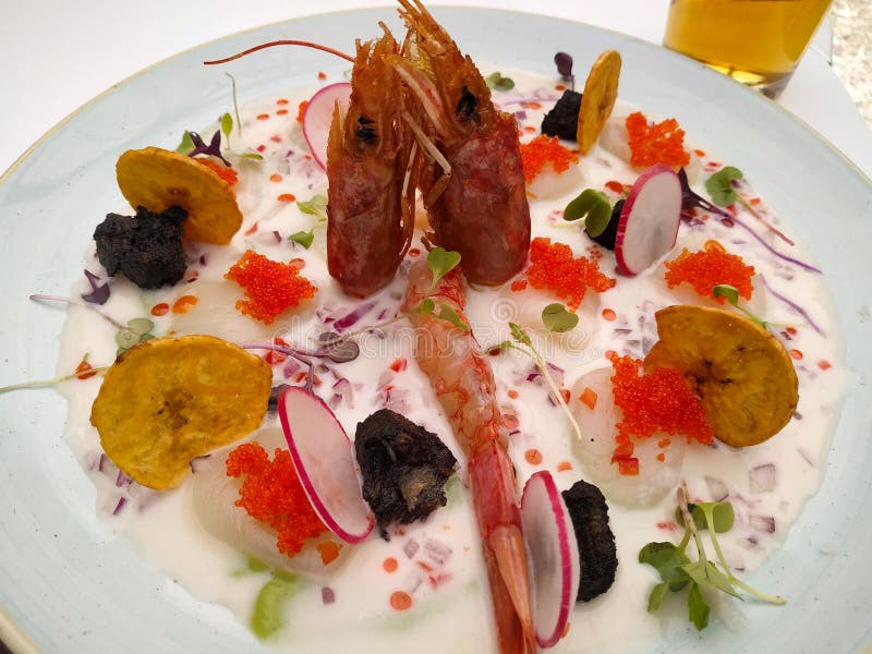 Peruvian Tiradito with Scallops and Prawns Stock Photo Image of fish