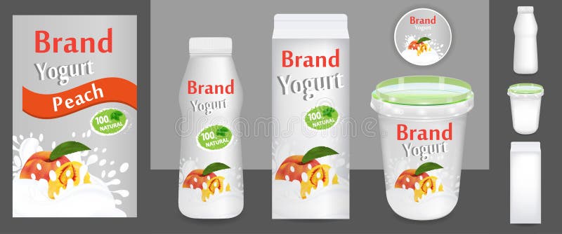 Perzikyoghurt verpakkingsontwerp of advertenties Malplaatje diverse pakketten voor 3d illustratie van yoghurtproducten Toepasseli stock illustratie Perzikyoghurt verpakkingsontwerp of advertenties Malplaatje diverse pakketten voor 3d illustratie van yoghurtproducten Toepasseli stock illustratie