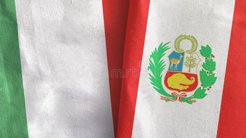 Perú e italia dos banderas textil tela 3d renderizado. Perú e italia dos banderas plegadas juntas renderizado 3d