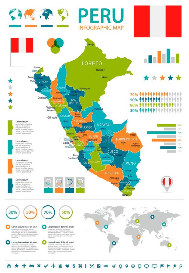 Perú - mapa y bandera infographic - ejemplo stock de ilustración Perú - mapa y bandera infographic - ejemplo stock de ilustración