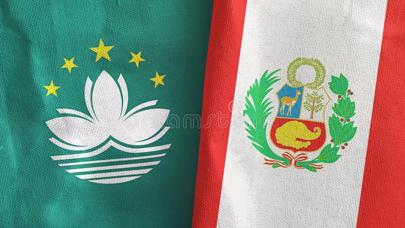 Perú y macau dos banderas trapo textil 3d renderización. Peru y macau dos banderas plegadas juntas 3d representación