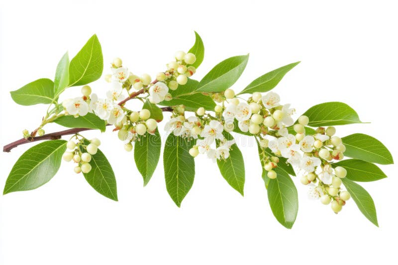 Perücke mit zarten weißen Blumen und grünen Blättern blühen auf weißem Hintergrund stock abbildung