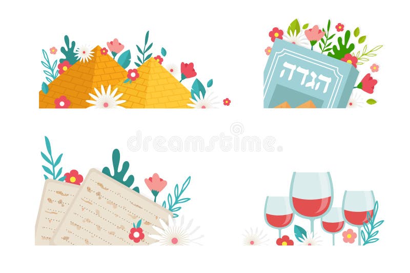 Pesah celebration concept , Jewish Passover holiday. Greeting cards with traditional icons, four wine glasses, Matzah and spring flowers. vector. Pesah celebration concept , Jewish Passover holiday. Greeting cards with traditional icons, four wine glasses, Matzah and spring flowers. vector