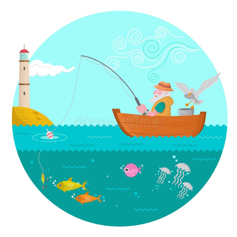Pesca del vecchio pescatore in mare illustrazione di stock Pesca del vecchio pescatore in mare illustrazione di stock