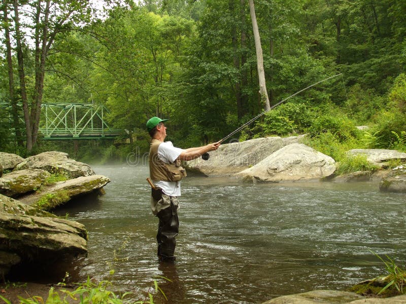 Photo of man fishing the deep pools below Falls Road bridge on the Gunpowder river for trout during summer. The Gunpowder is one of Maryland's best trout streams. Photo of man fishing the deep pools below Falls Road bridge on the Gunpowder river for trout during summer. The Gunpowder is one of Maryland's best trout streams.