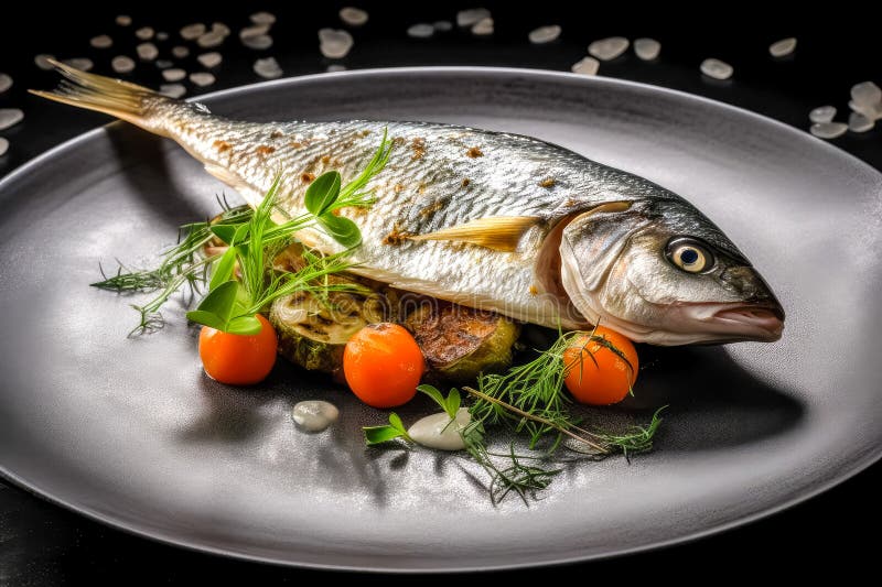 Pescado dorado cocinado con especias de hierbas y limón. generado por ai ilustración del vector