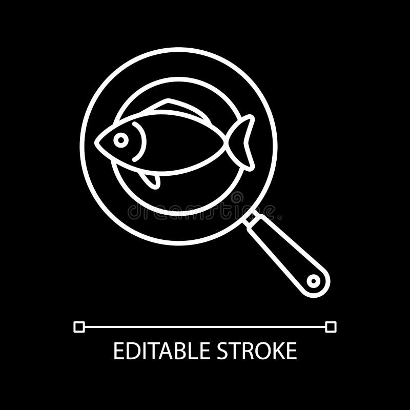 Pescado en la sartén blanco icono lineal para tema oscuro ilustración del vector