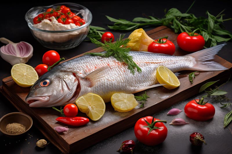 Pescado entero fresco con verduras y hierbas vibrantes en la tabla de despiece de madera preparada para la preparación de la cocin imágenes de archivo libres de regalías